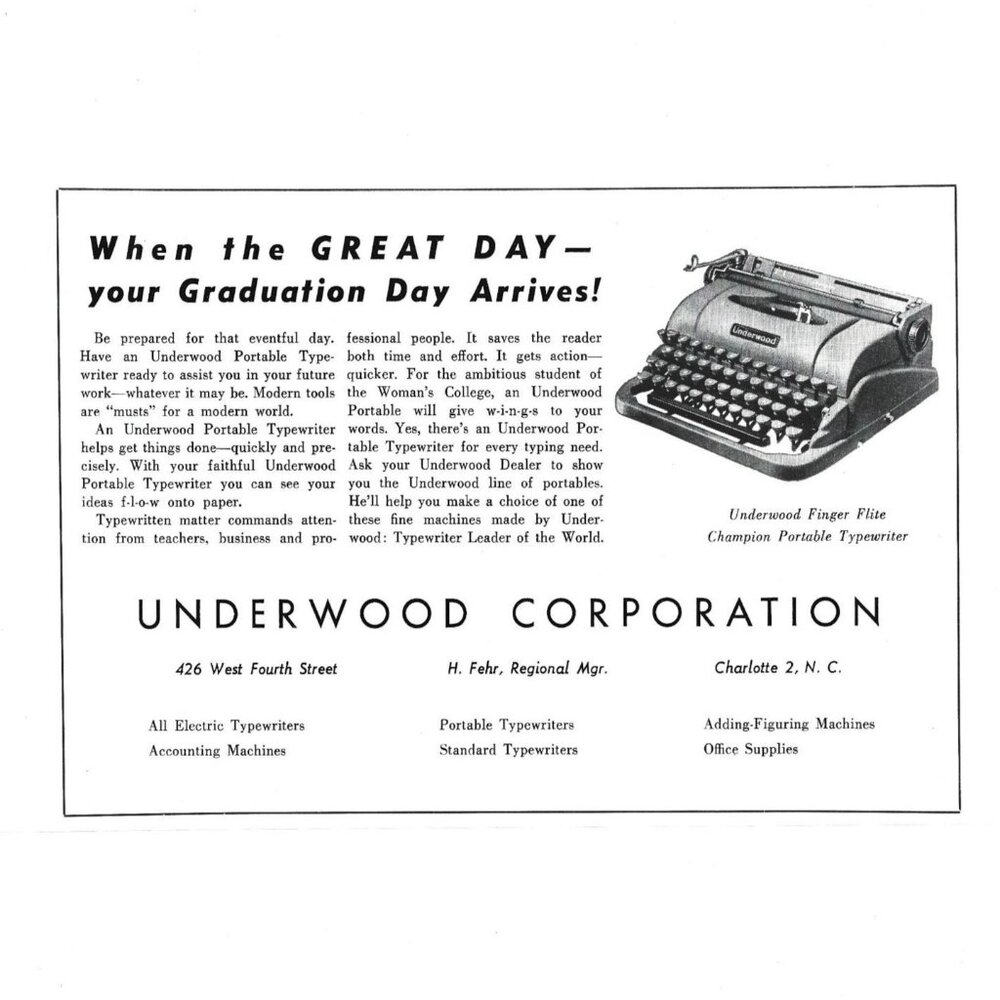 Underwood Finger Flite Champion Portable Typewriter Graduation Day Print Ad 1950